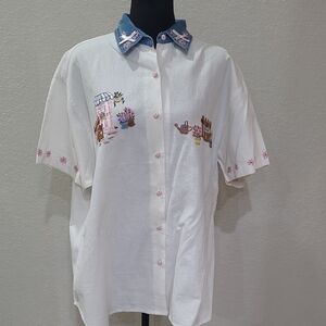 Vintage Bill Blass Cream Embroidered Size XL Short Sleeve Grandmacore Shirt